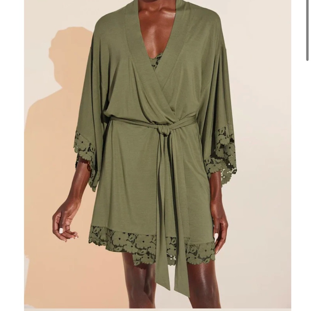 Eberjey Naya Olive Green Robe with Lace Detail - xs